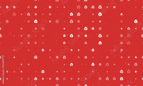 Seamless background pattern of evenly spaced white instant coffee symbols of different sizes and opacity. Vector illustration on red background with stars