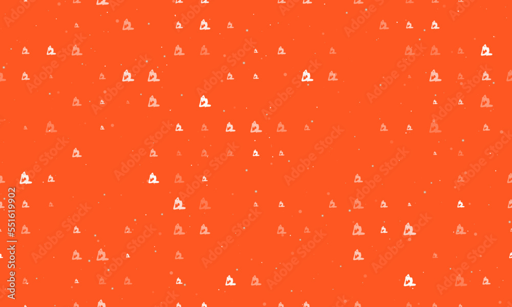 Seamless background pattern of evenly spaced white yoga stretching pose symbols of different sizes and opacity. Vector illustration on deep orange background with stars Seamless background pattern of evenly spaced white yoga stretching pose symbols of different sizes and opacity. Vector illustration on deep orange background with stars