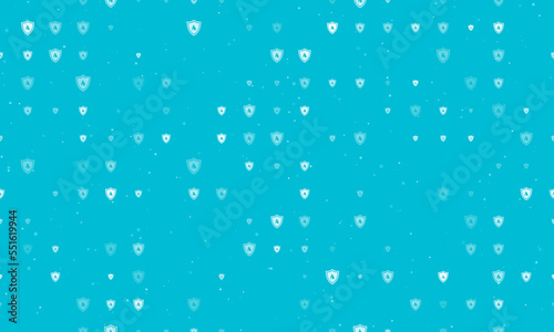 Seamless background pattern of evenly spaced white fire protection symbols of different sizes and opacity. Vector illustration on cyan background with stars