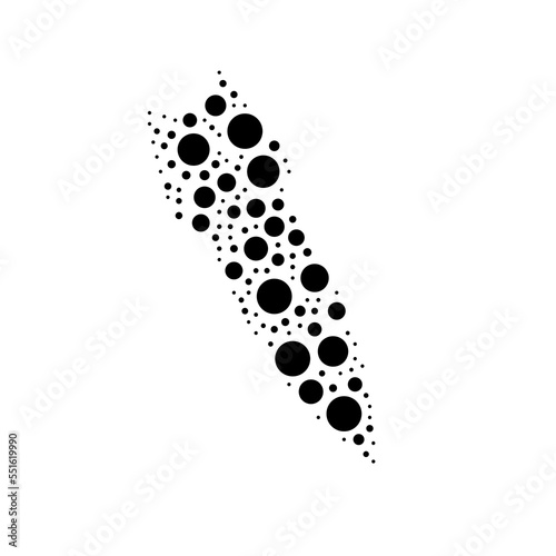 A large falling rocket symbol in the center made in pointillism style. The center symbol is filled with black circles of various sizes. Vector illustration on white background