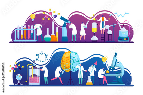 Scientists discovery research in chemistry, biology or medicine vector illustration. Brain science researching labaratory. Scientifical research lab innovation.
