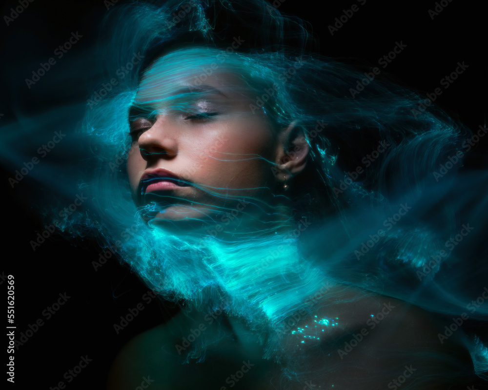 lightpainting portrait, new art direction, , light drawing at long exposure	