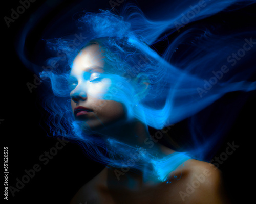 lightpainting portrait, new art direction, , light drawing at long exposure 