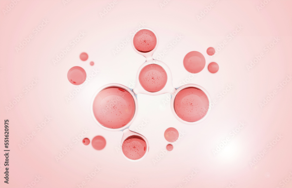 Cosmetics Essence molecule, collagen, Vitamin or Serum drop water for moisturizer. Liquid molecule chemical structure on water background. Cosmetics power treatment. Natural product. 3d rendering. Cosmetics Essence molecule, collagen, Vitamin or Serum drop water for moisturizer. Liquid molecule chemical structure on water background. Cosmetics power treatment. Natural product. 3d rendering.