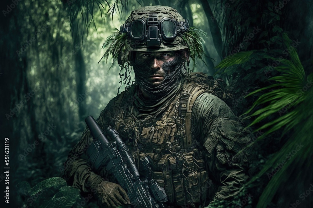 A Soldier in uniform standing in a green jungle with a weapon in his hands