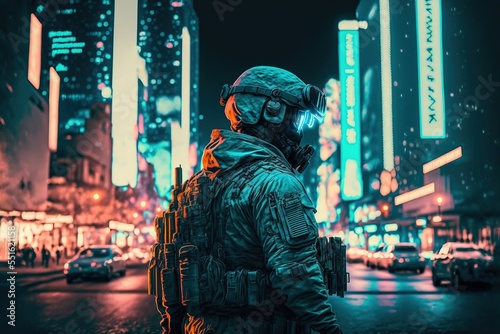 A special force soldier in uniform standing in a tokyo style neon city at night, cyberpunk style