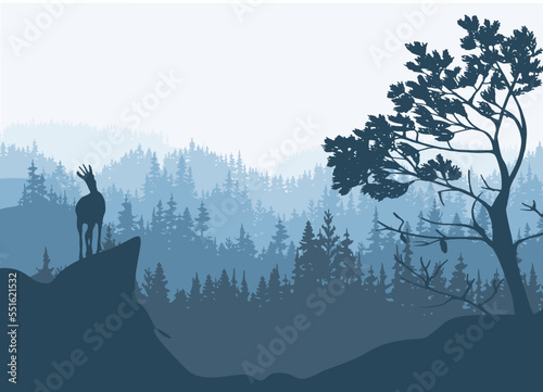 A chamois stands on top of a hill with mountains and forest in the background. Pine tree in foreground. Magic misty landscape. Nature illustration. 