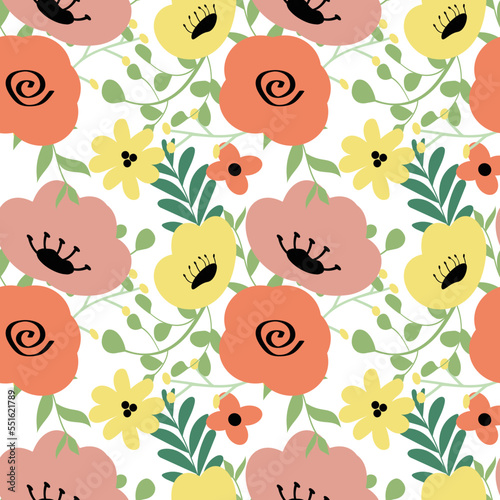 Cute Easter seamless vector with chickens,flowers,decorated eggs on a white background. Festive spring endless ornament.
