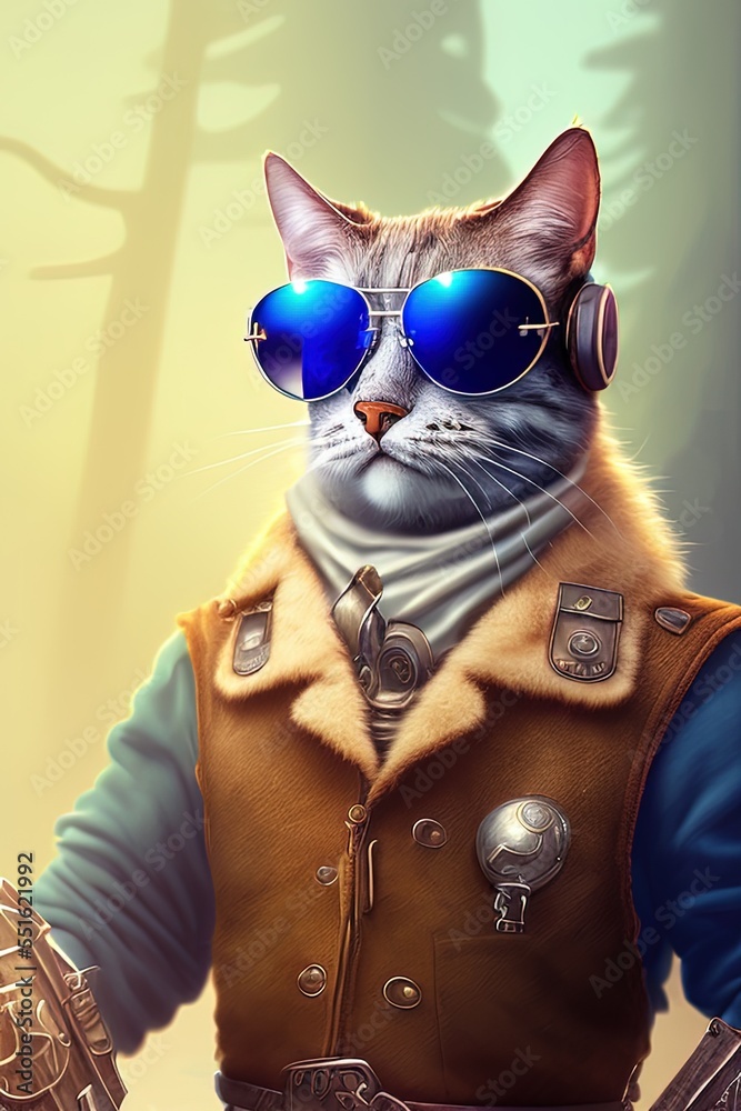 detailed matte painting stylized three quarters portrait of an anthropomorphic rugged happy cat 