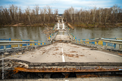 Destroyed bridge across the Donets River during the war in Ukraine.