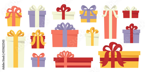 Set of colorful wrapped gift boxes. Christmas gift box with an overpowering bow. Different shapes and sizes of party gifts with ribbon. Birthday presents for postcard, greeting card. Flat Vector.