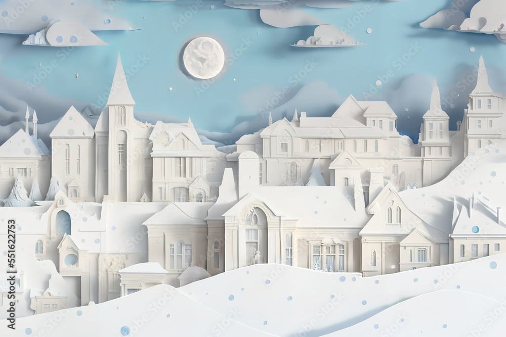 winter city under the moon landscape papercutout generative ai