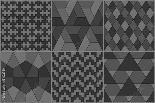 Collection of six ethnic seamless patterns. Rhombuses, diamonds, lozenges, triangles, hexagons, crosses motif. Folk prints. Geometrical ornaments set. Tribal wallpapers. Abstracts images. Vector arts