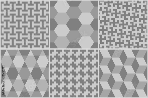 Collection of six ethnic seamless patterns. Rhombuses, diamonds, lozenges, triangles, hexagons, crosses, kites images. Folk prints. Tribal wallpapers. Geometrical ornaments set. Abstracts. Vectors