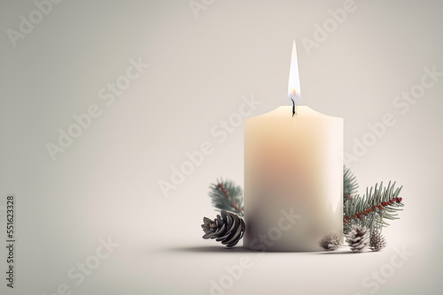 White Christmas glowing candle with Christmas decor on white background, isolated, clean and minimalistic, copy space, space for text, Xmas greeting card