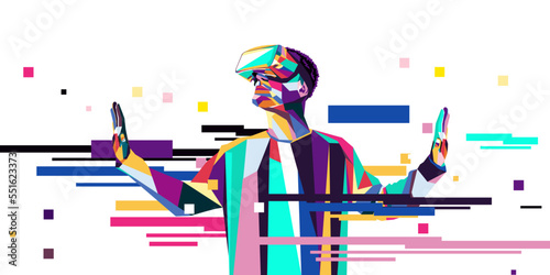 Vector illustration of a man wearing virtual reality glasses. The concept of modern technology. In modern art style.