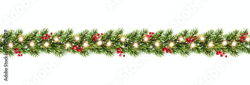 Border with green fir branches, red berries, snow, lights isolated on white background. Pine, xmas evergreen plants seamless banner. Vector Christmas tree garland decoration
