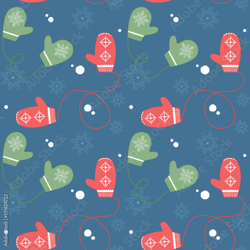 Seamless winter mittens and snowflakes christmas pattern