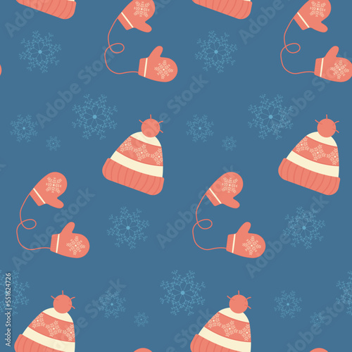 Seamless winter mittens, hat and snowflakes christmas pattern