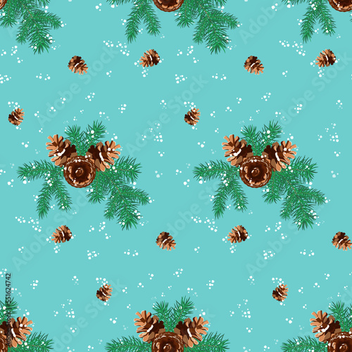 Seamless winter with pinecone, pine branches and snow christmas pattern