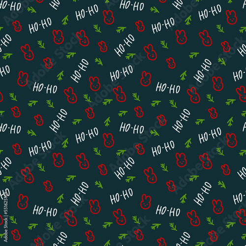 New Year's background with hares and New Year's letters. Merry Christmas and Happy New Year for posters, holiday covers. In a doodle background of Christmas trees and hares. Vector illustration