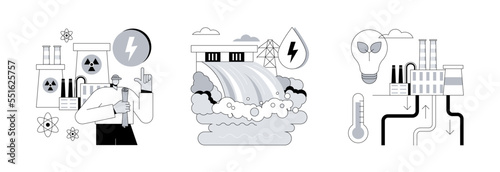 Energy sources abstract concept vector illustration set. Nuclear power plant, hydropower, geothermal energy, generate electricity, dam turbine, power plants, heat pump abstract metaphor.