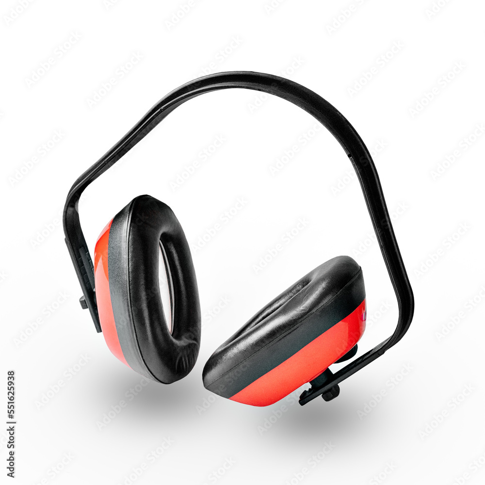 Red earmuffs on a white background. Individual protection means. Anti-noise headphones. Earmuffs prevent loud noise from the safety of working construction equipment. Red earmuffs on a white background. Individual protection means. Anti-noise headphones. Earmuffs prevent loud noise from the safety of working construction equipment.