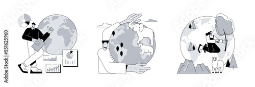 Earth observation abstract concept vector illustration set. Environment data analytics, wild animals protection, lands conservation, national park, wild forest, natural landscape abstract metaphor.