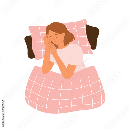 Young woman sleeping in bed under a blanket. Asleep girl in a cozy bed. Healthy sleep, relaxation concept. Vector illustration in cartoon style. Isolated background
