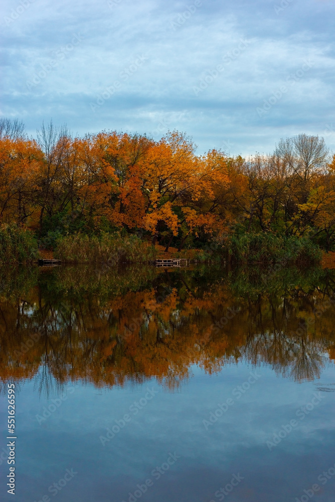 autumn evening landscape of trees in the reflection of the river. gold autumn autumn evening landscape of trees in the reflection of the river. gold autumn