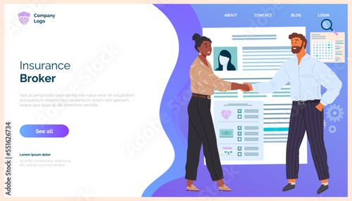 Male insurance broker making deal on meeting with client. Man and woman handshaking wearing formal clothes. Intermediaries between insurance companies and their customers. Choice of insurance program