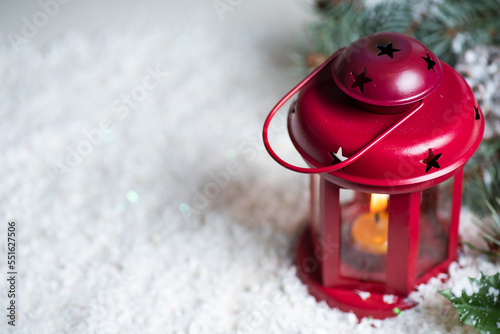 Festive candle light lantern and holiday copy space background