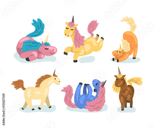Cute Unicorn with Horn and Colorful Mane in Different Pose Vector Set