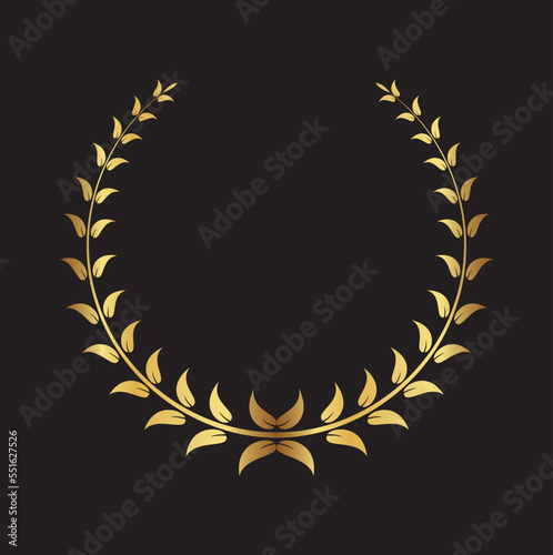 Gold laurel wreath. Symbol of victory and achievement. Design element for decoration of medal, award, coat of arms or anniversary logo. Golden leaf silhouette on black background. 10 EPS.