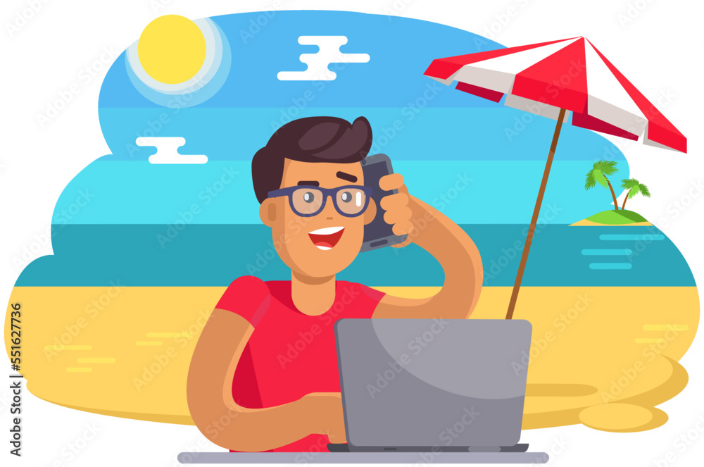 Fototapeta premium Male character on ocean beach shore. Businessman tourist working during summer vacation. Multitasking, owerworking and freelance concept. Freelancer with computer and smartphone at beach resort