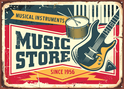 Music store retro sign post with electric guitar, drums and piano keyboards vector illustration. Vintage graphic with various musical instruments and equipment.