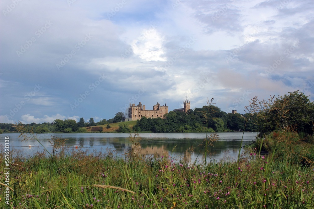 Linlithgow Palace and St Michael's Church, with Linlithgow Loch in the foreground.
