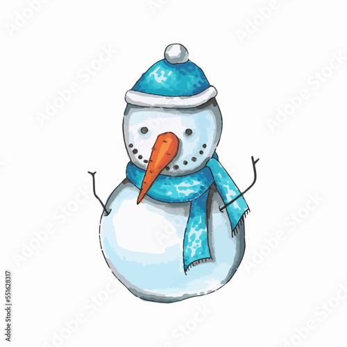 Hand drawn watercolor illustration. Cute snowman with carrot nose, hat and scarf.