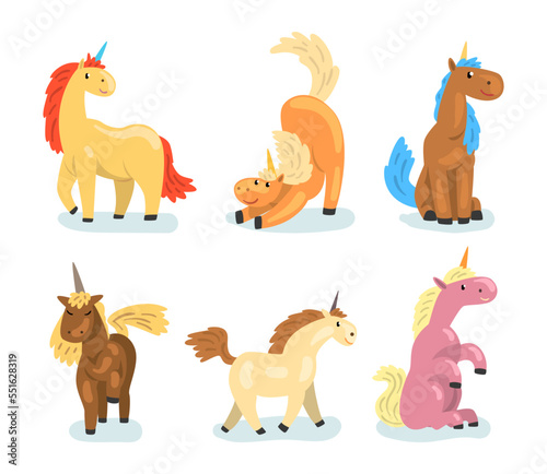 Fototapeta Naklejka Na Ścianę i Meble -  Cute Unicorn with Horn and Colorful Mane in Different Pose Vector Set