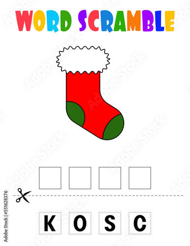Sock Word scramble . Educational game for kids. English language spelling worksheet for preschool children.