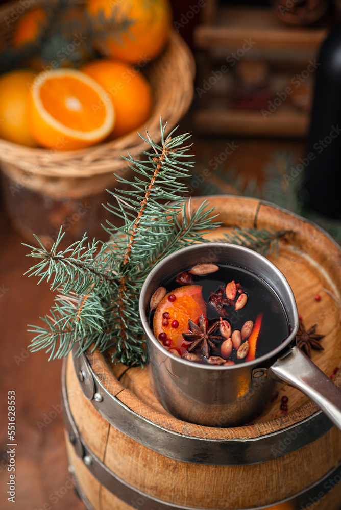 Hot wine with spices in the New Year's decor Hot wine with spices in the New Year's decor