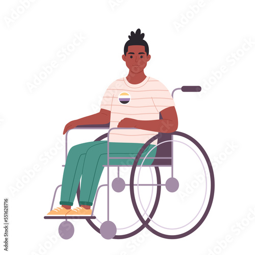 Young character with non-binary pin. She, he, they, non-binary. Gender-neutral movement. LGBTQ community. Man with physical disability. Hand drawn vector illustration