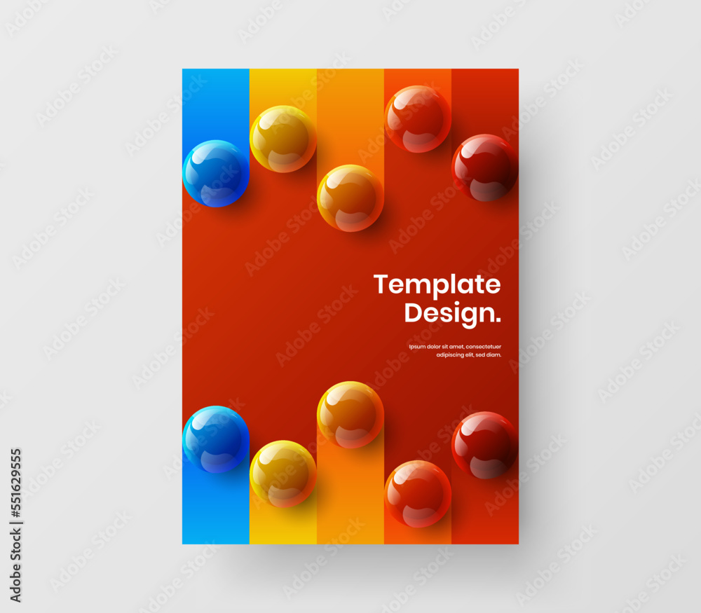 Trendy 3D spheres cover illustration. Simple company identity A4 design vector layout.