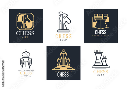 Chess Club Logo Design with Pieces on Game Board Vector Set