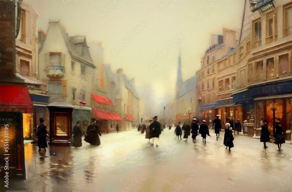 Oil paintings landscape, people walking in the city, people walking on the street. Painting in the style of impressionism, fine art, artwork