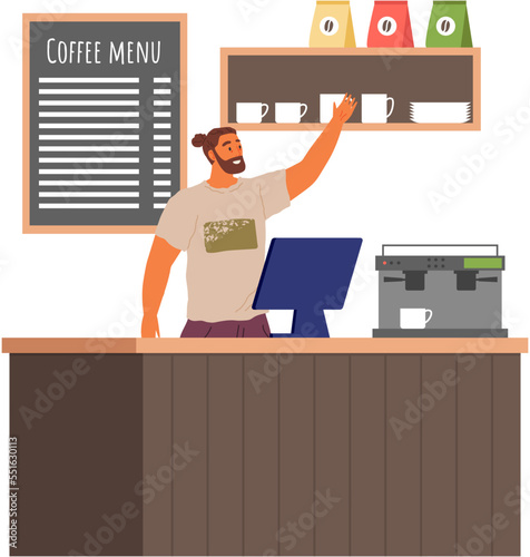 Man seller in coffeehouse stand at counter. Employee of establishment is ready to serve visitors. Cafe interior . Barista and customer in cafeteria or coffee shop, visitor in restaurant at lunch