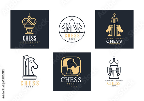 Chess Club Logo Design with Pieces on Game Board Vector Set