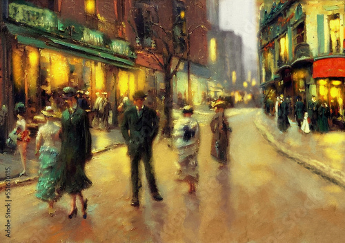 Oil paintings landscape, people walking in the city, people walking on the street. Painting in the style of impressionism, fine art, artwork