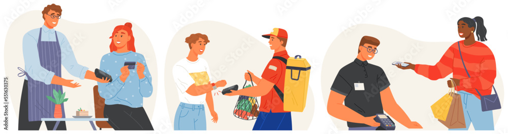People pay with NFC credit card, internet technology at checkout counter POS terminal. Cashier scanning, ringing purchases. Cashless payment concept. People pay for purchases using online banking People pay with NFC credit card, internet technology at checkout counter POS terminal. Cashier scanning, ringing purchases. Cashless payment concept. People pay for purchases using online banking