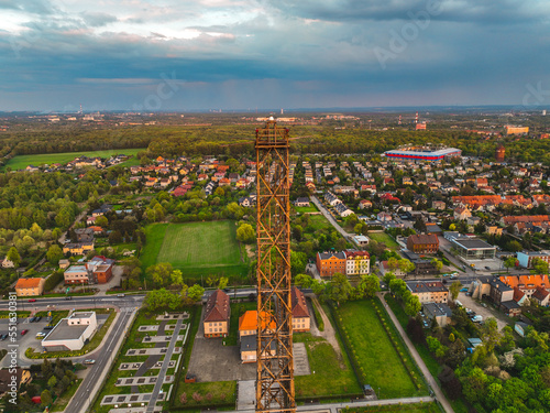 Radio station in Gliwice. The largest wooden tower in the world. The historic tower in Gliwice, aerial view.